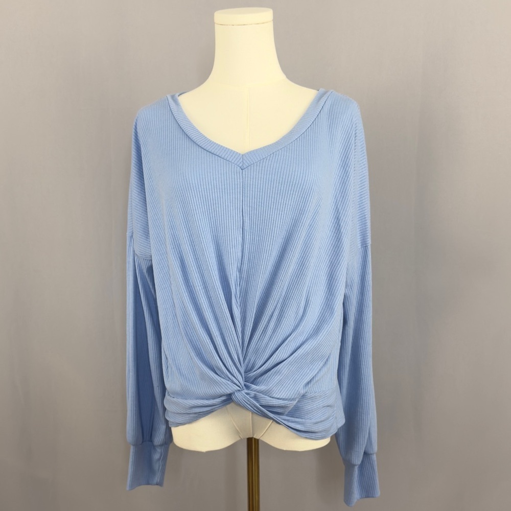 Pink Lily Blue V-Neck Knotted Women's Top